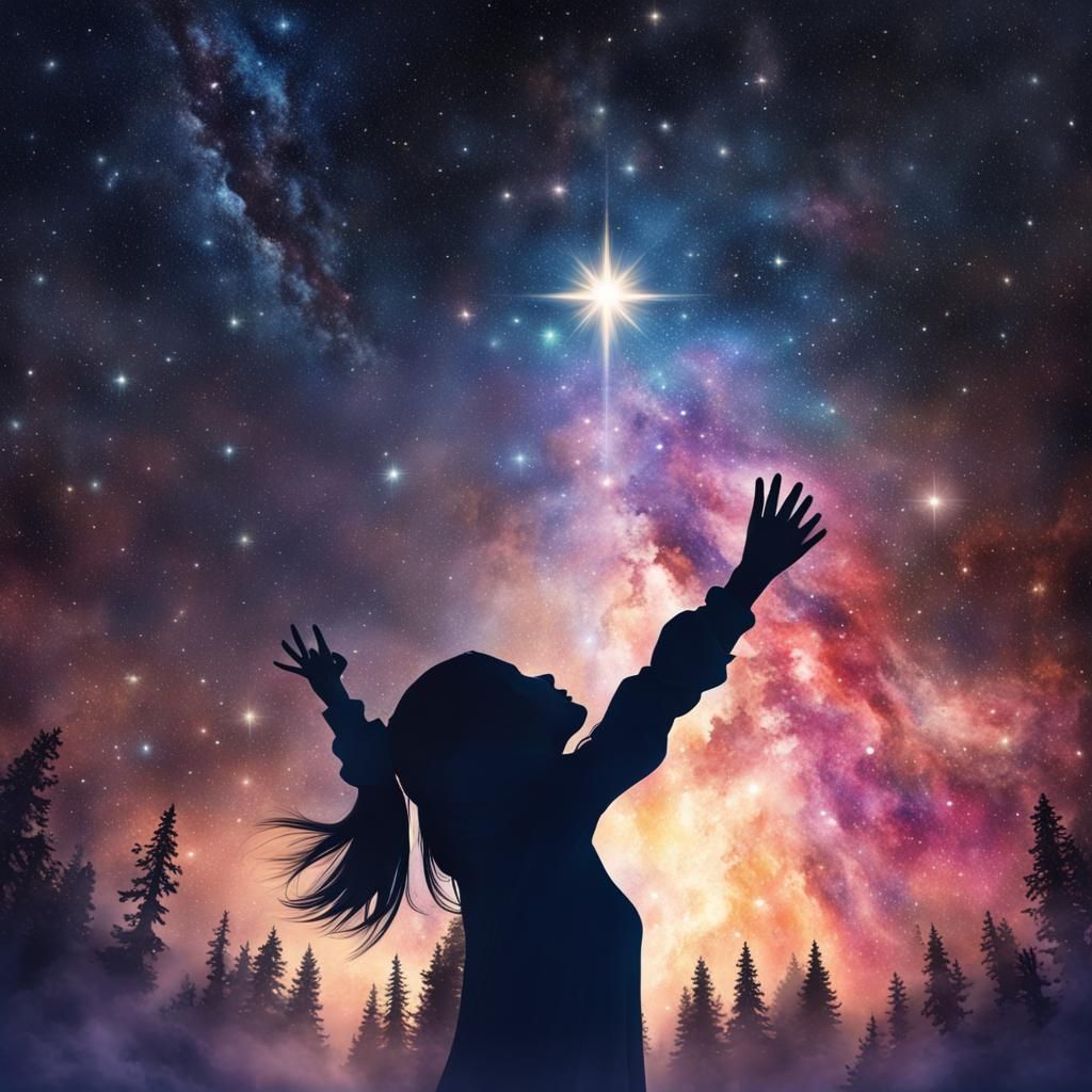 Girl Reaching for a Star in Watercolor Sky