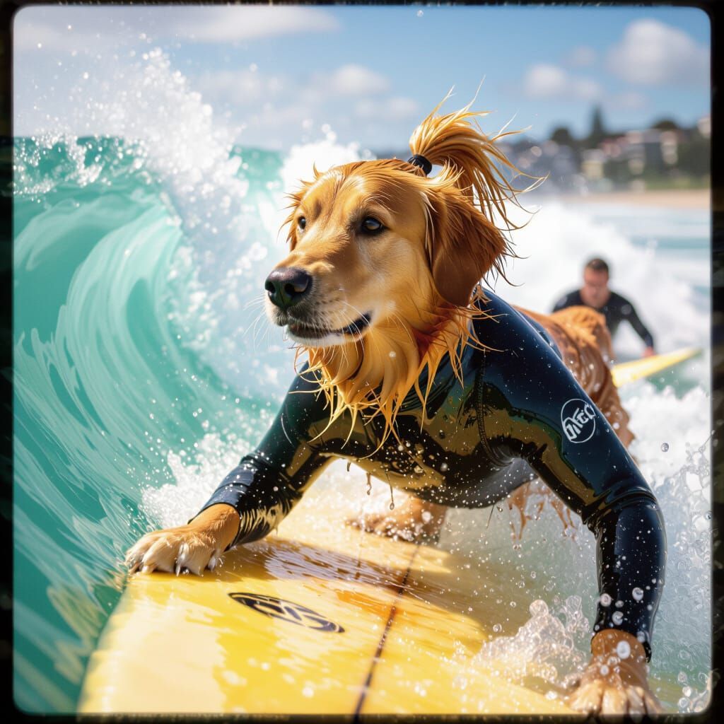 Golden Retriever Surfing at Bondi Beach in Polaroid Style
