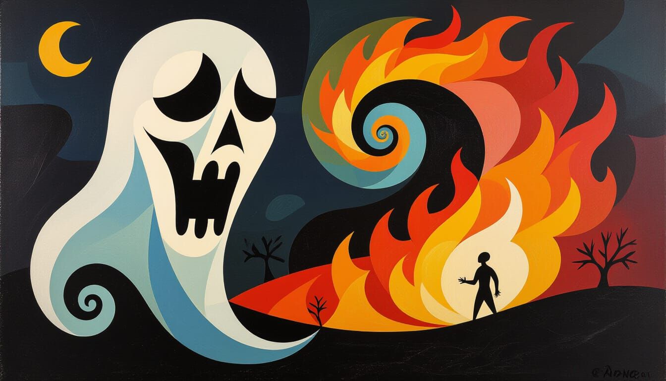 Ghostly Face Emerges from Fire Vortex in Surreal Style