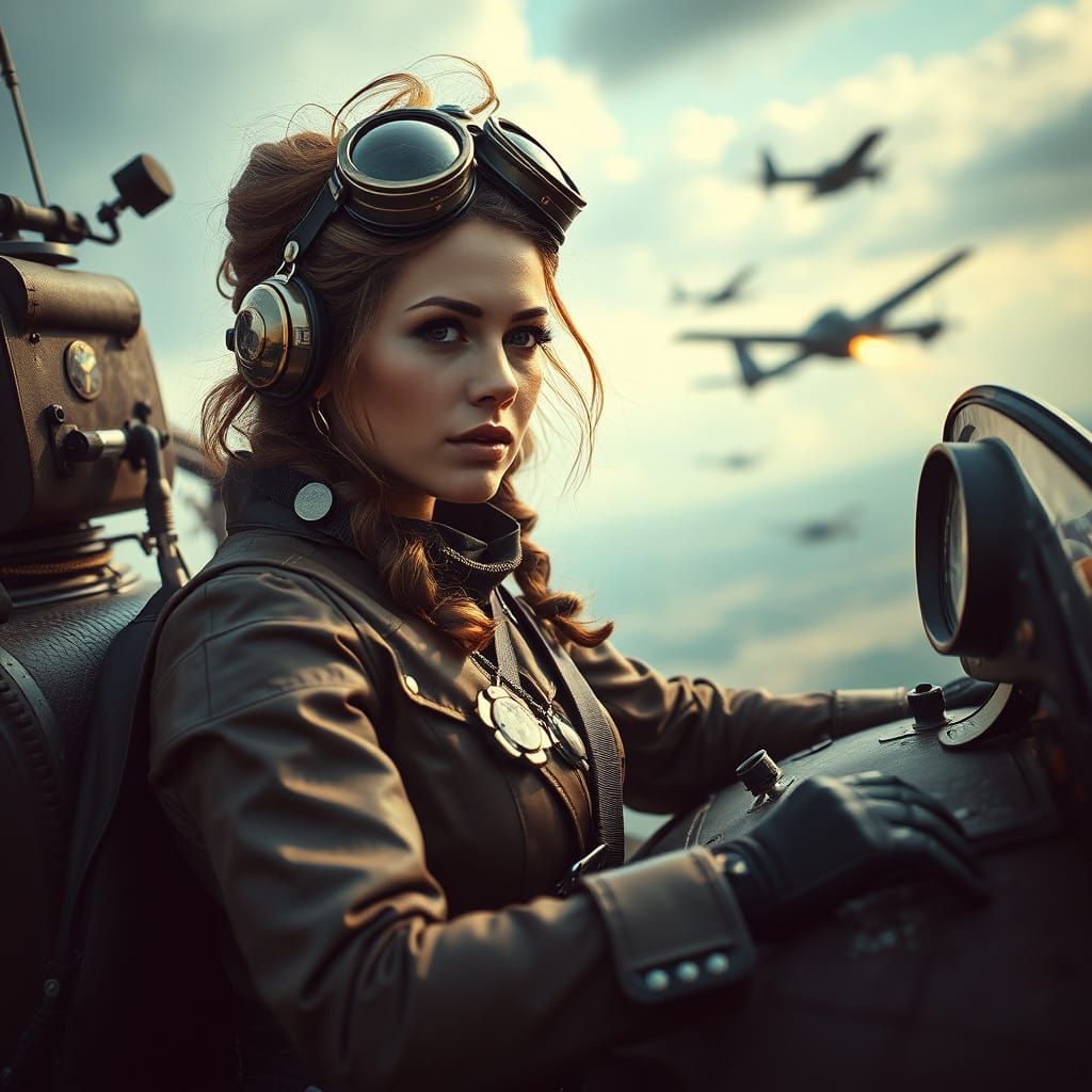 Elegant Steampunk Pilot Engages in Epic Battle
