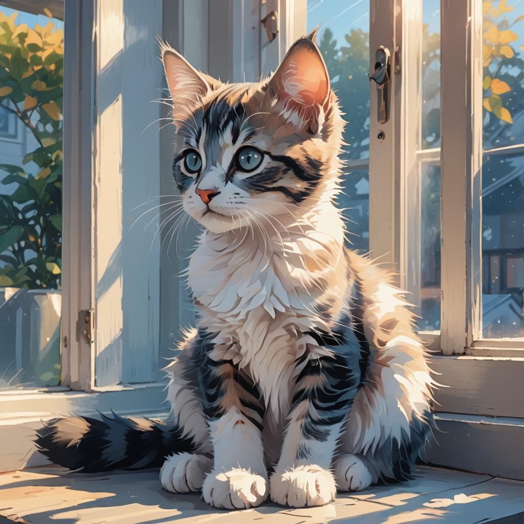 Anime Kitten Gazing from Windowsill: Cel-Shaded Digital Art