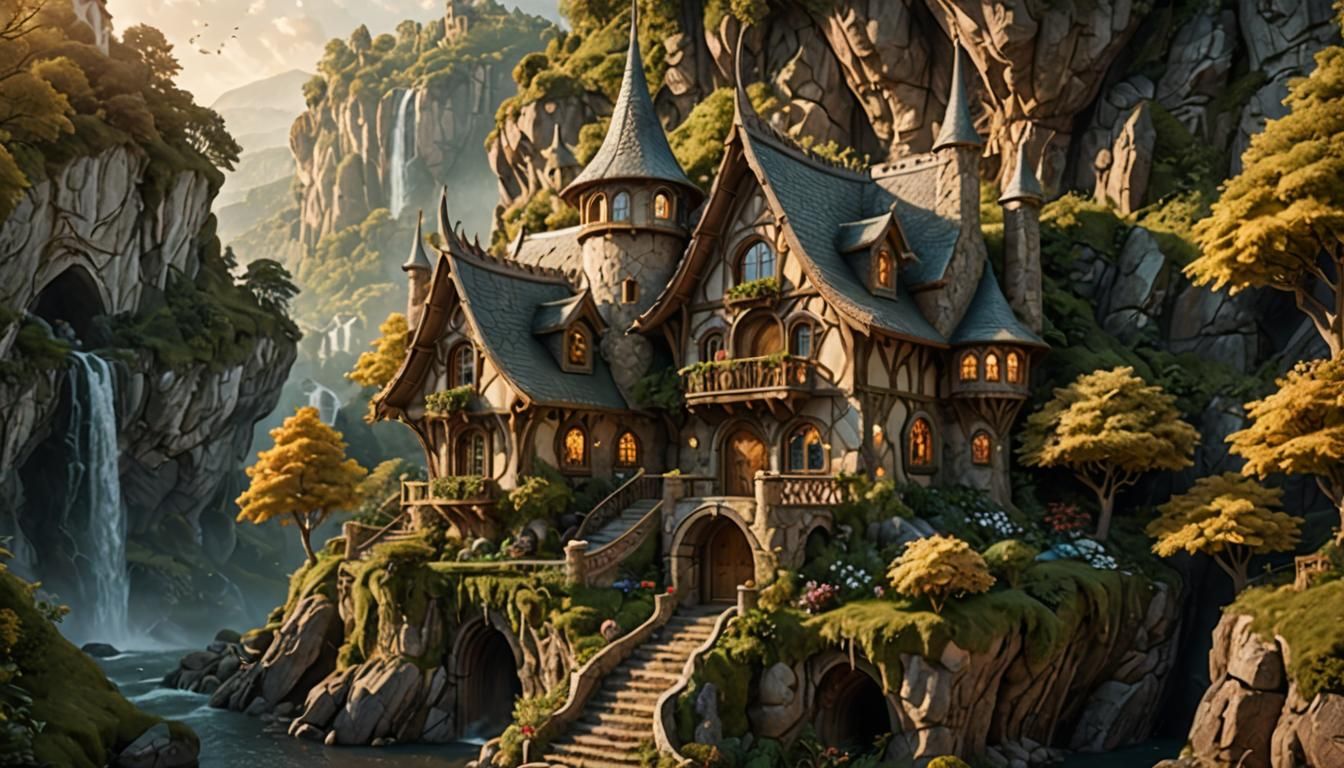Elegant Elven Cottage by Waterfall in Fantasy Architecture