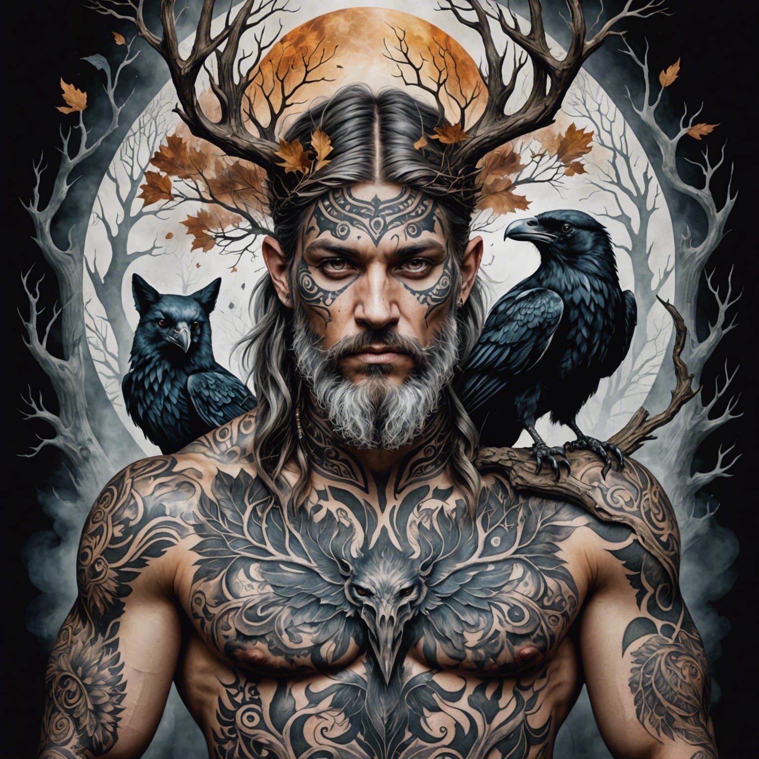 Tattooed Druid Portrait with Magic and Nature