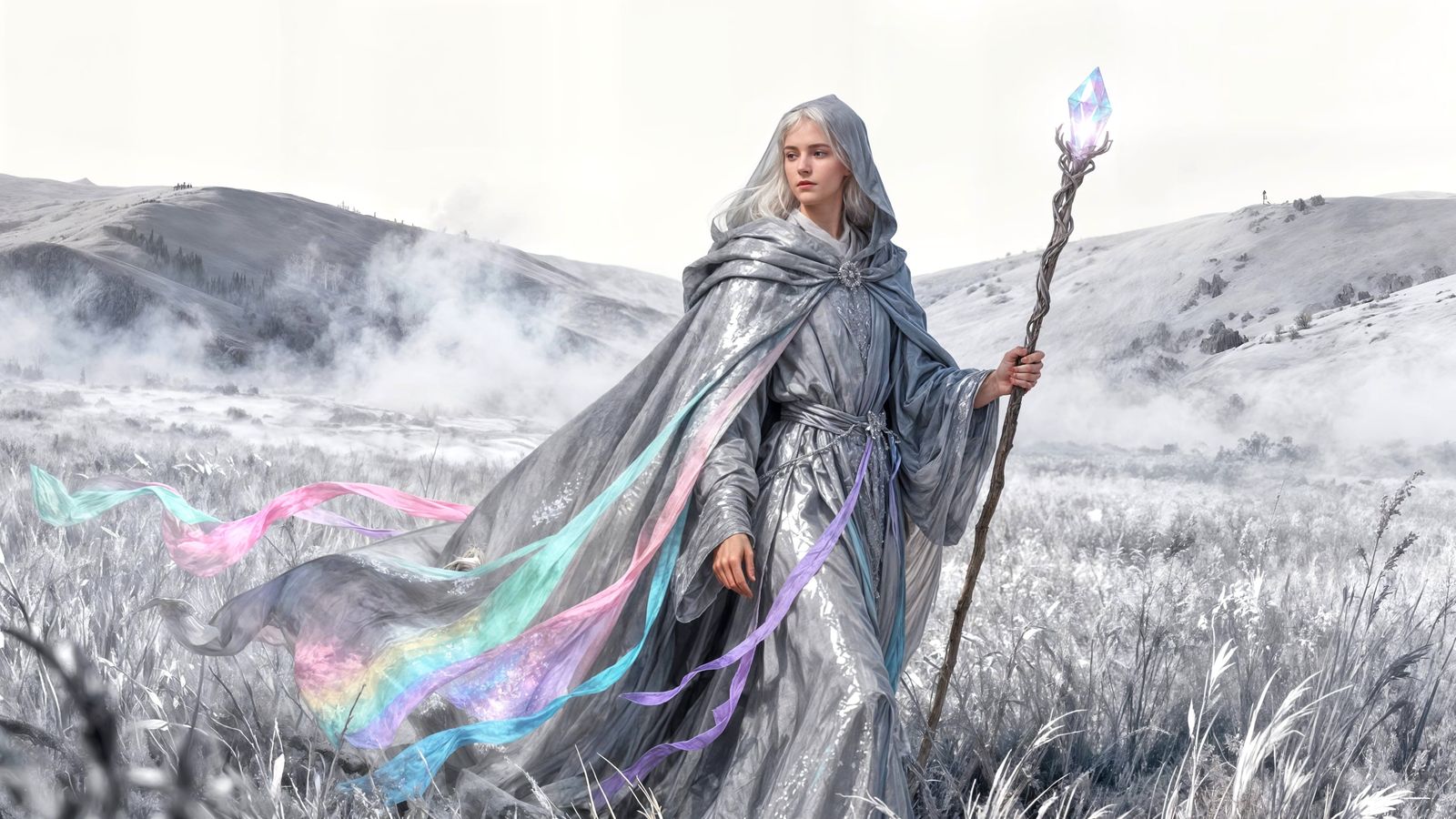 Wandering Mage with Pastel Accents in Ethereal Landscape