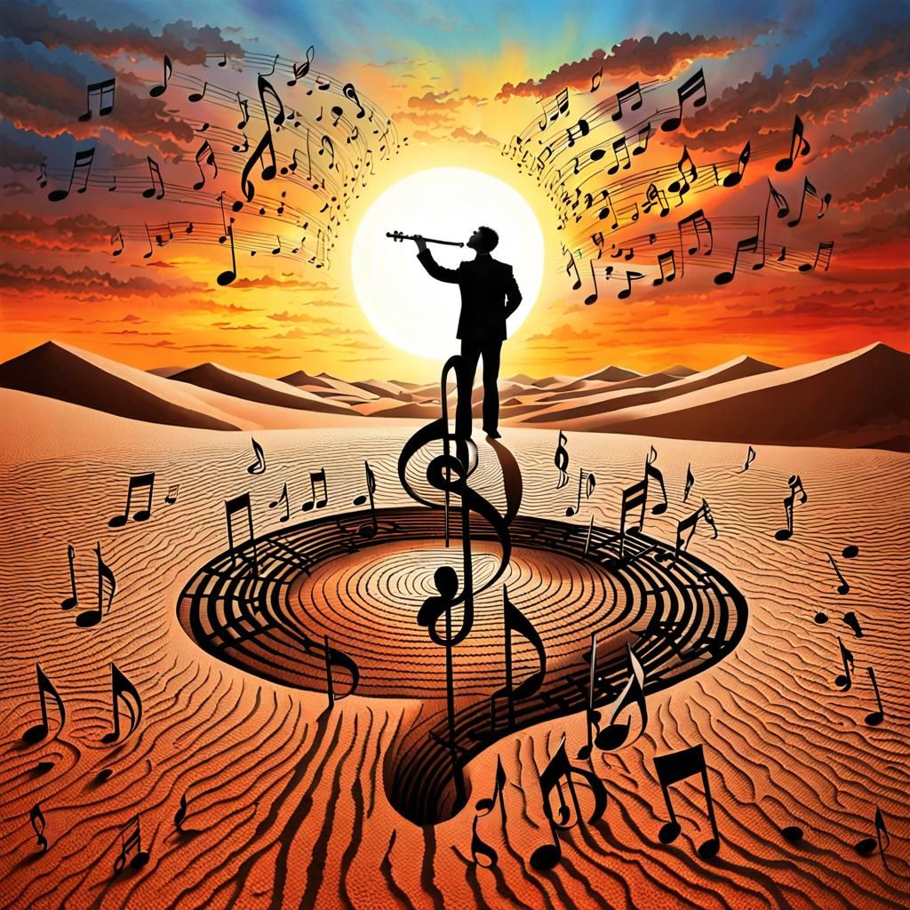 Surreal Desert Musician Creates Melody at Sunset