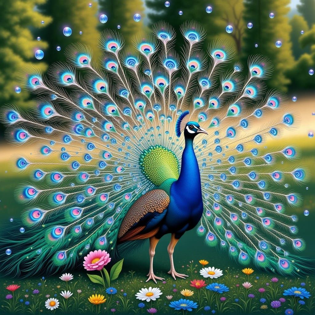 Luminous Peacock in Bubble Pointillism Garden Scene