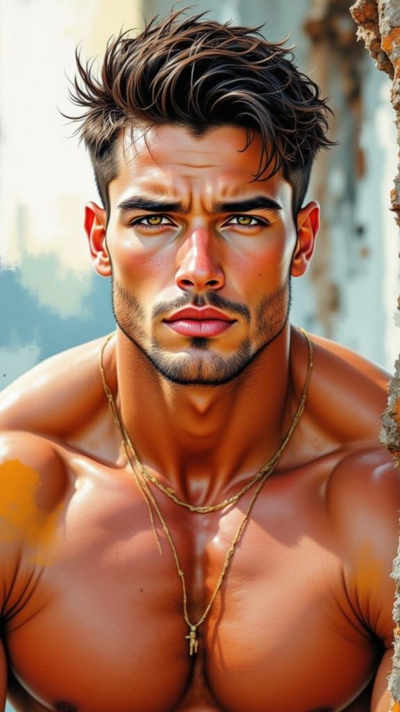 Muscular Superhero in Dutch City, Gouache Style