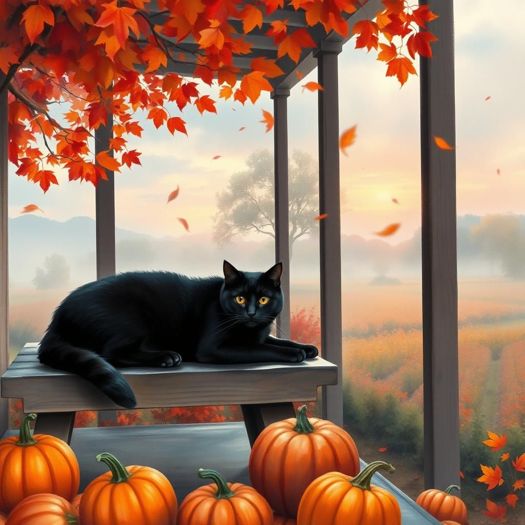 Black Cat in Autumnal Watercolor Landscape