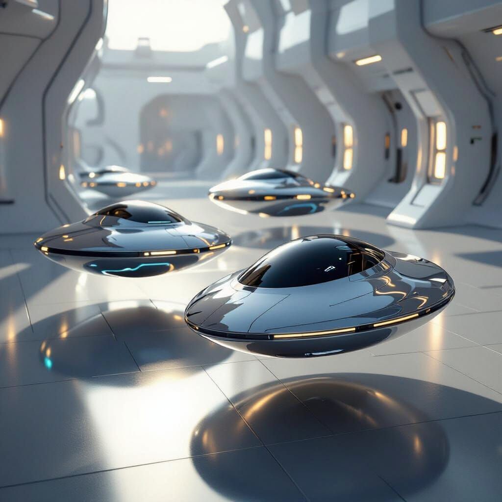 Sleek Metallic Flying Disks in Futuristic Setting