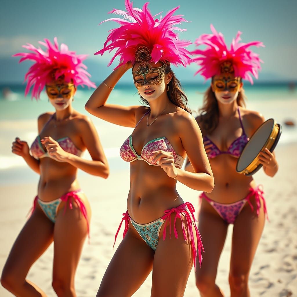 Masked Women Play Tambourines on a Bright Beach