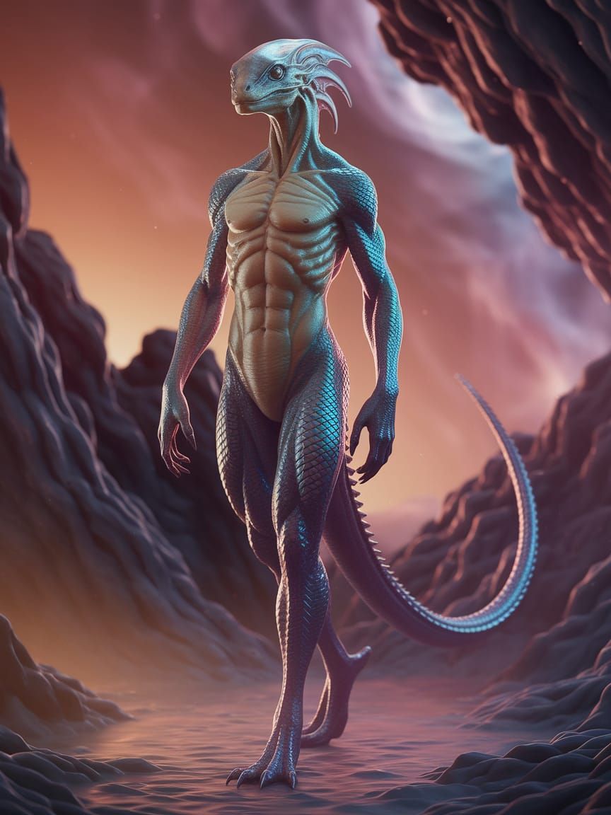 Reptilian Alien Humanoid in Dreamlike Surrealism