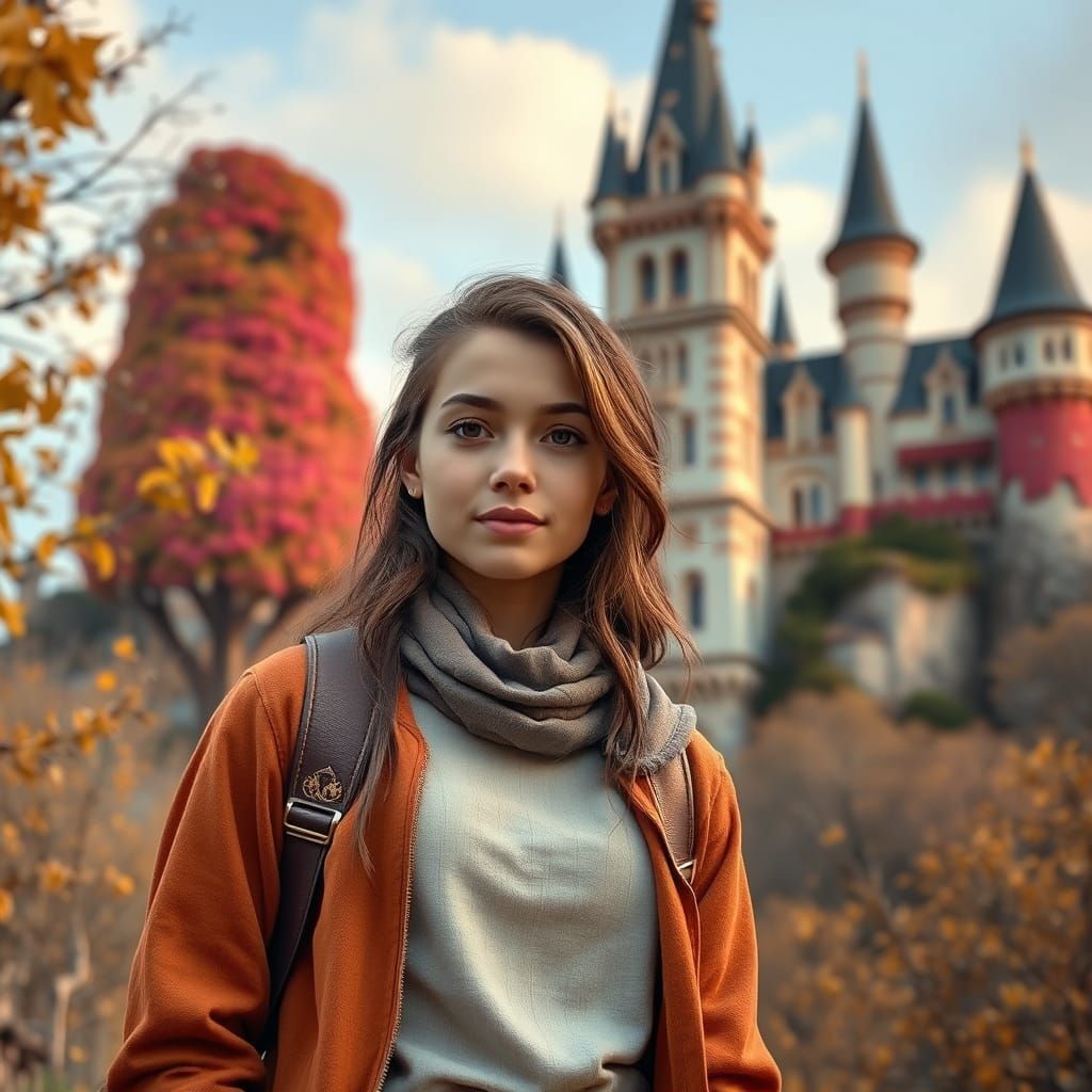 Woman at Floral Castle with Golden Lions