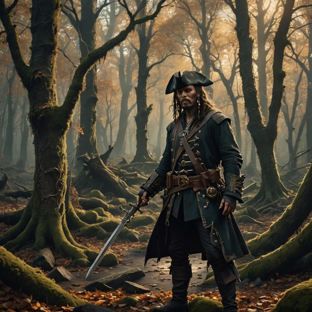 Pirate in Autumn Forest with Sword and Musket