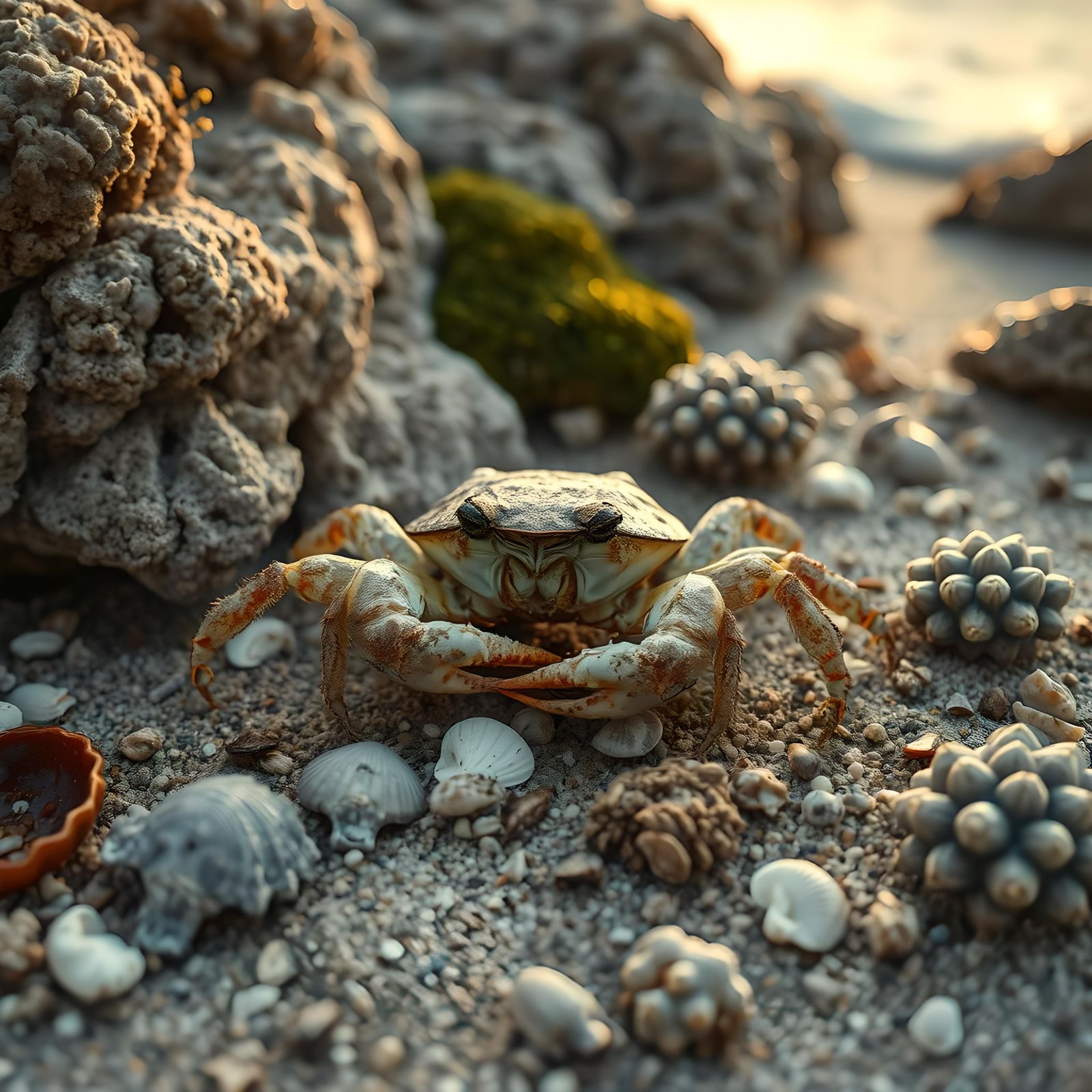 Meditative Crab on a Weathered Shoreline