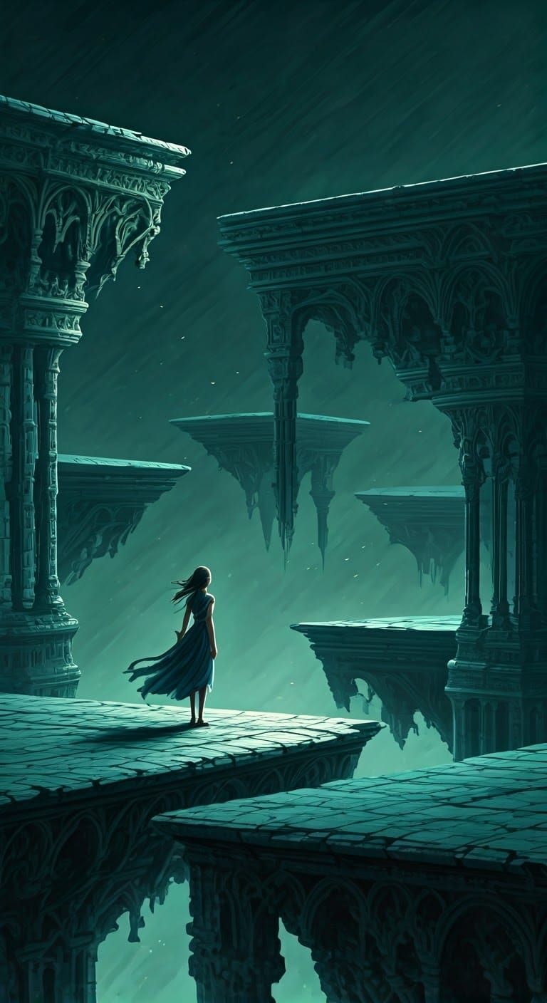 Surreal Girl on Floating Platform in Dark Expanse