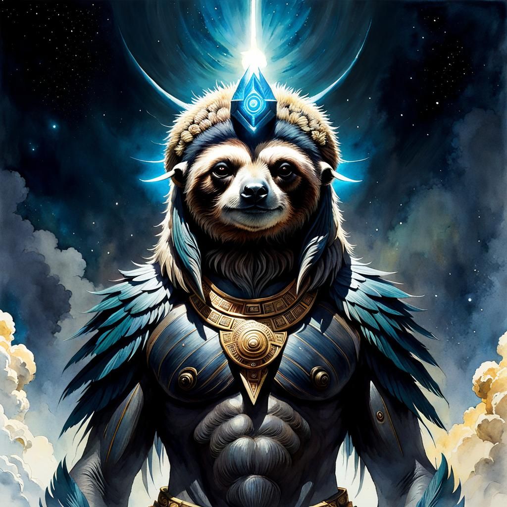 Furious Sloth Deity in Tokyo: Surreal Watercolor Art