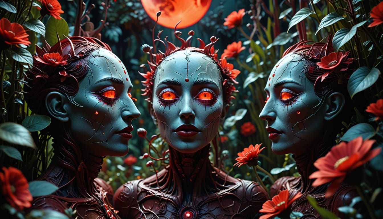 Surreal Garden Under Red Moon with Plant Faces