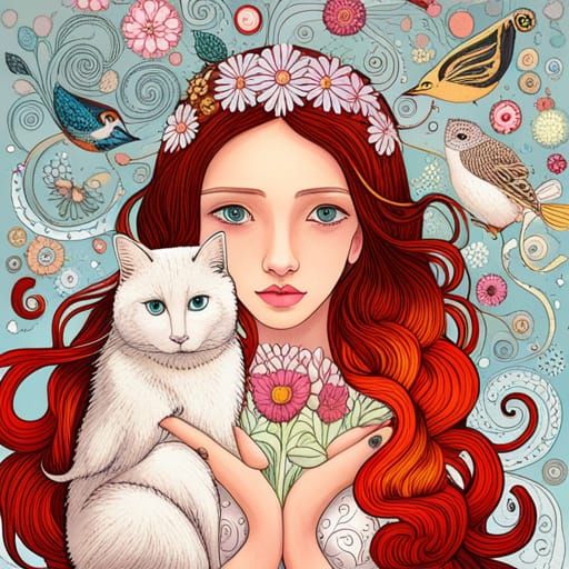 Fairytale Girl with Animals in Magic Realism Style
