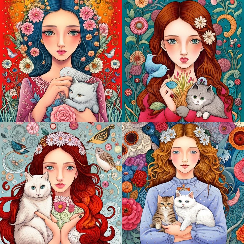 Girl with Animals in Magic Realism Coloring Book Style