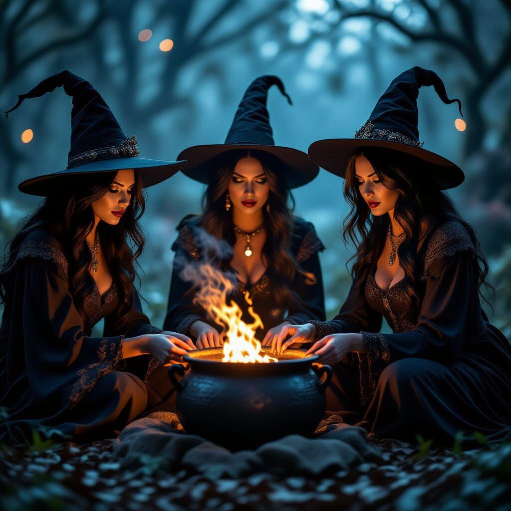 Terrifying Witch Coven Around Mystical Cauldron