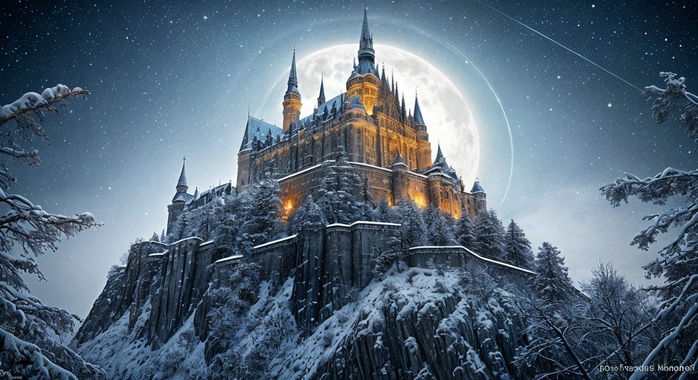 Snowy Gothic Castle on Cliffside in Lunar Glow