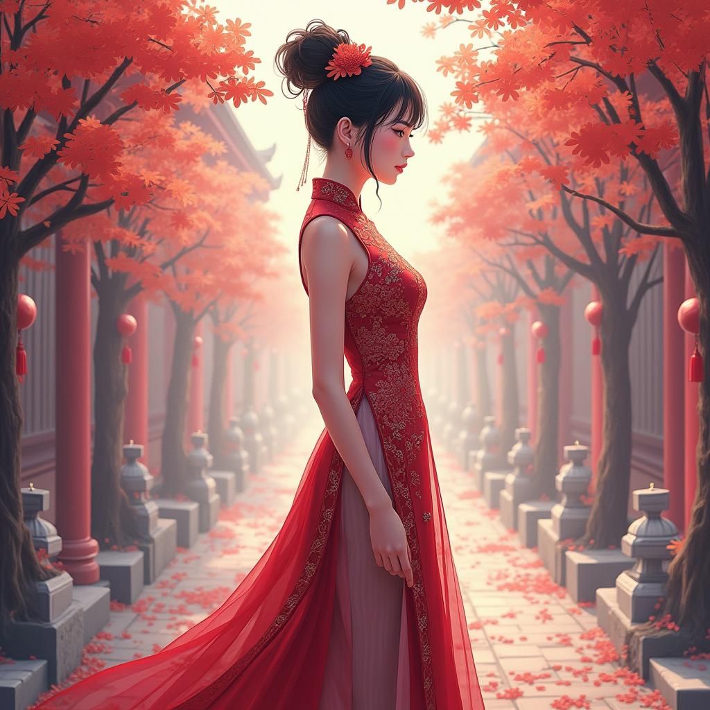Woman in Qipao: Anime Style Portrait