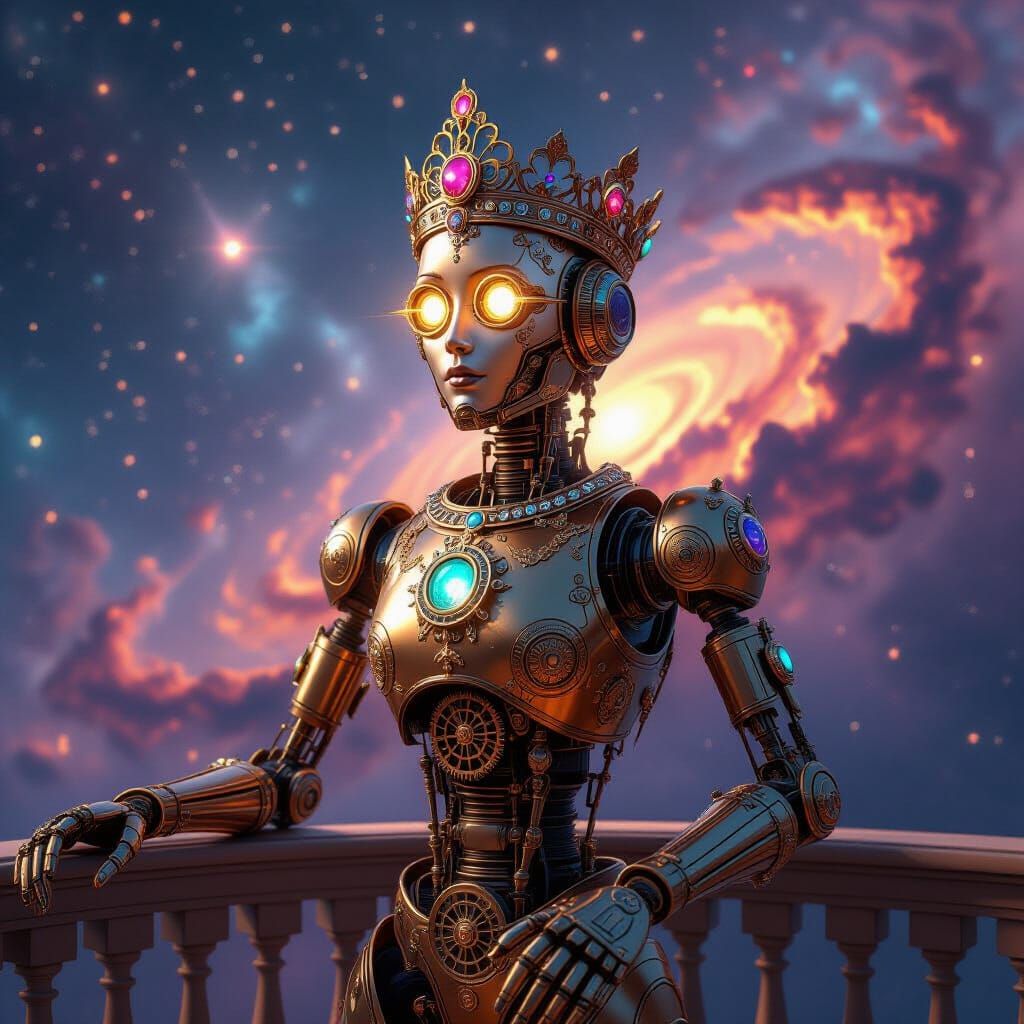 Steampunk Robot King Gazes at Nebula on Balcony