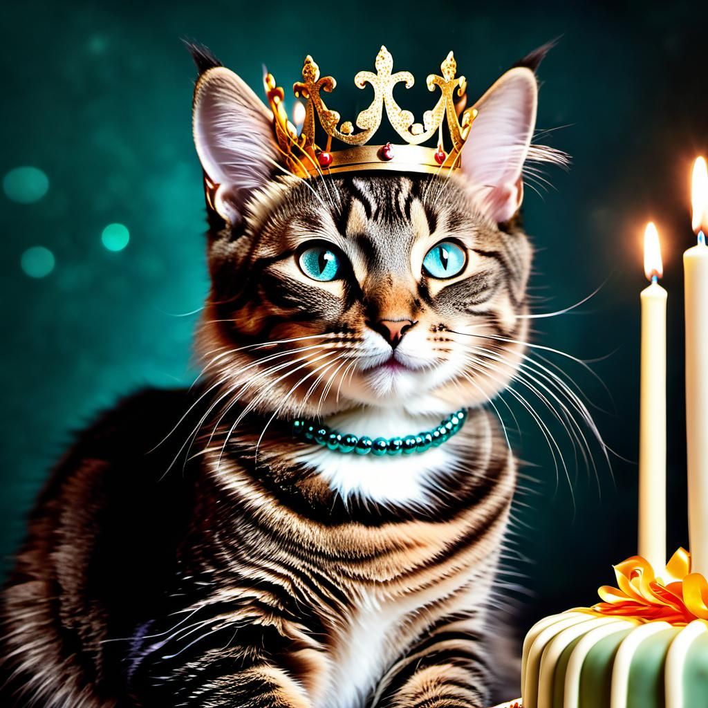 Ornate Birthday Cat Portrait in Hyperrealistic Style