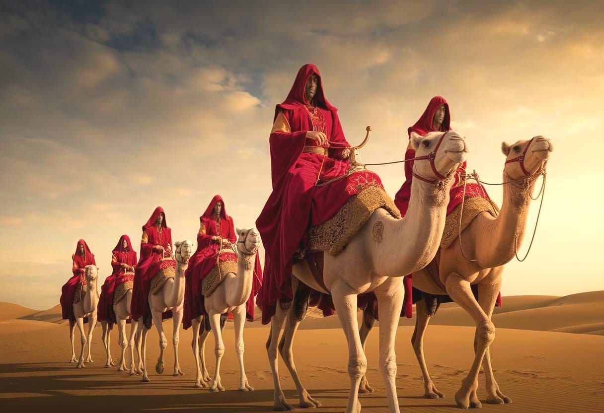 Mysterious Magi in Red Velvet Robes Ride Camels Across the S...