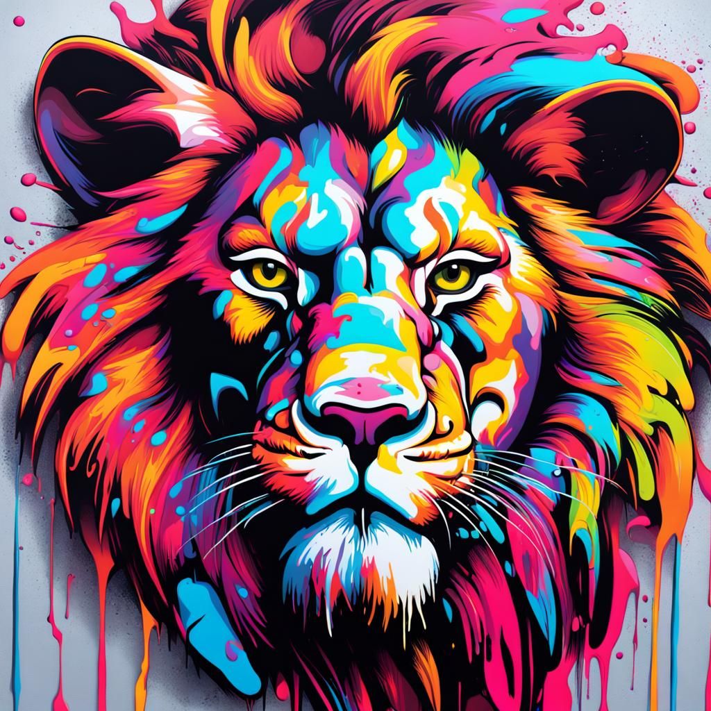 Fierce Lion Graffiti Art in Neon Abstract Style
