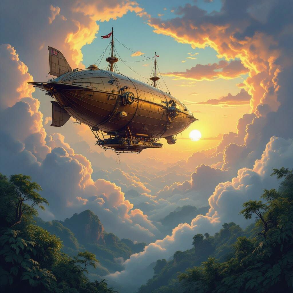 Steampunk Airship Adventure Over Lush Jungle