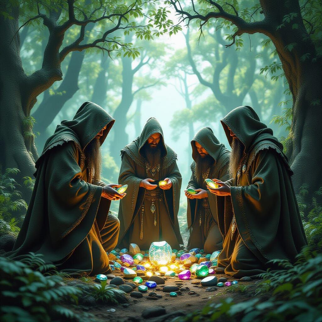 Druids Gathering Gems in Mystical Forest