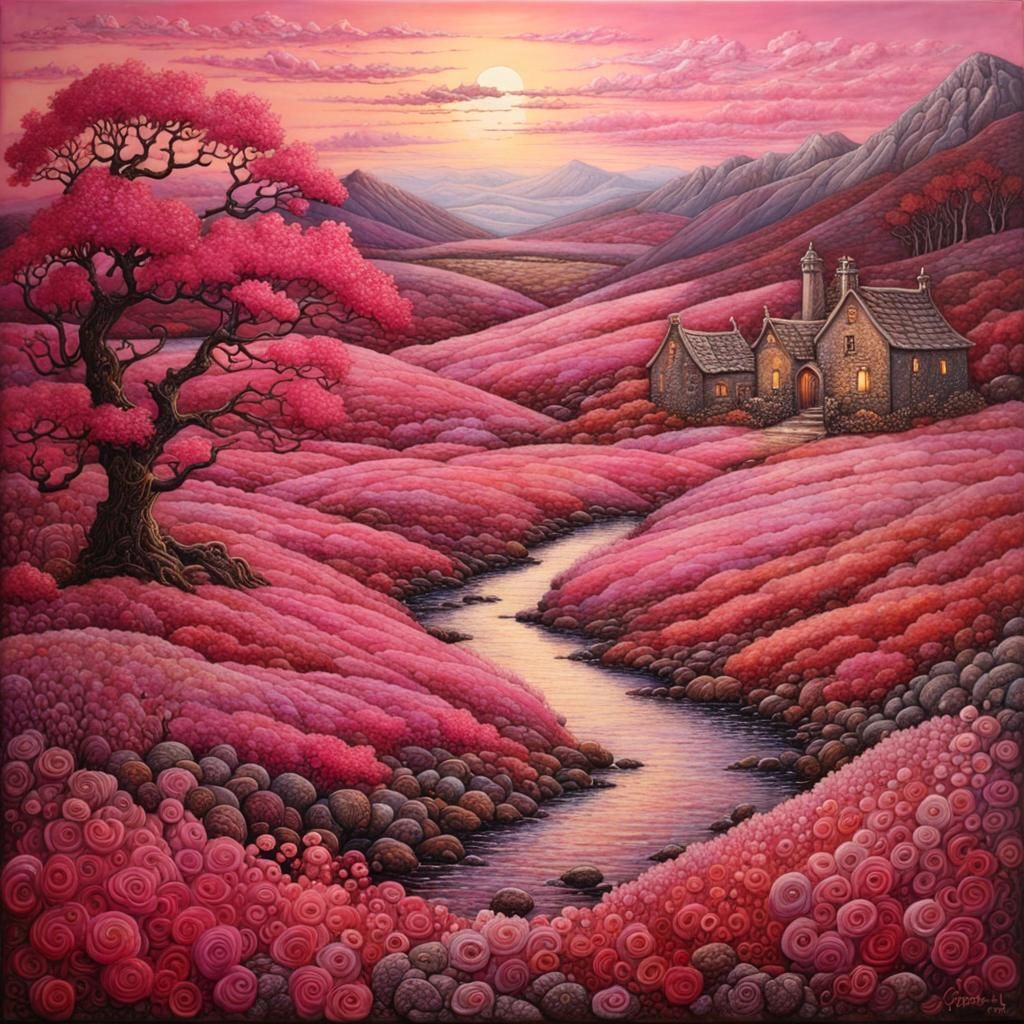 Pink Irish Landscape as Encaustic Digital Art