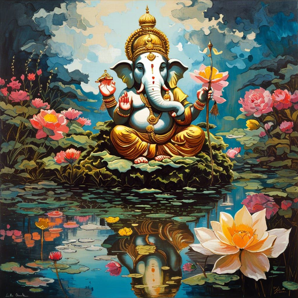 Lord Ganesha in Flower Garden: Detailed Illustration