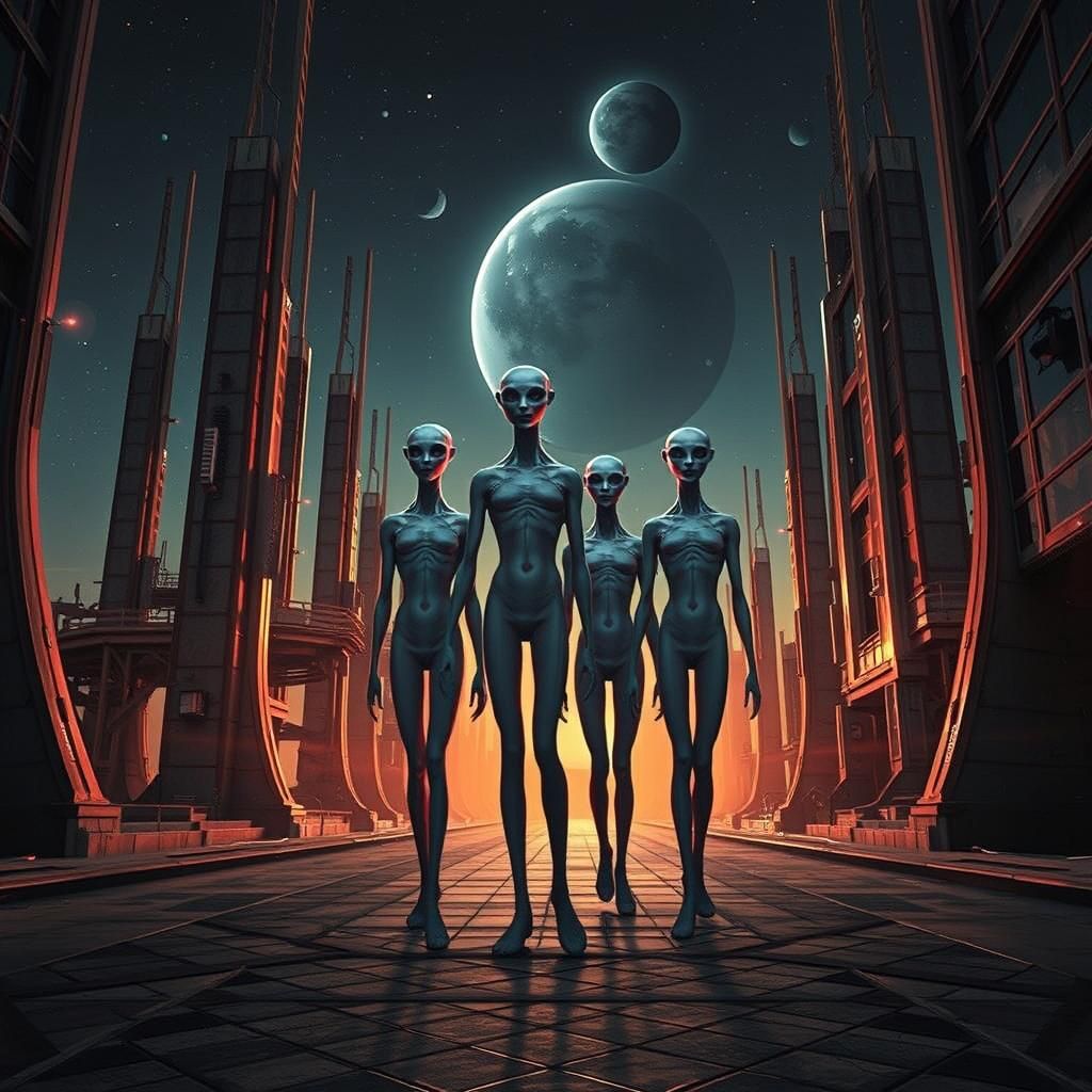 Androgynous Aliens in Infrared Cityscape: 3D Render