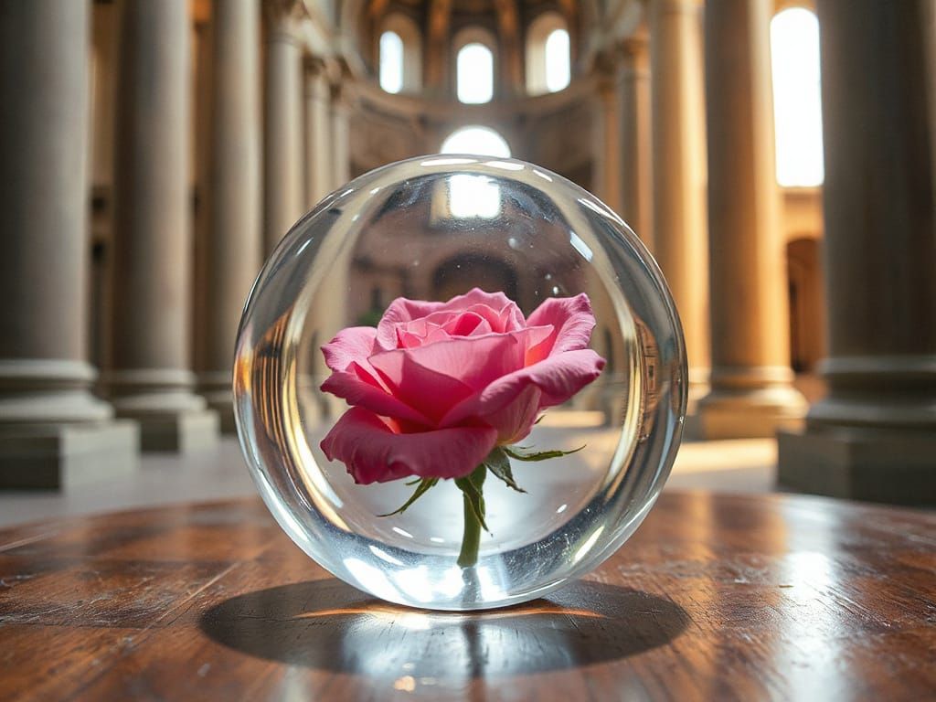Rose in Crystal Sphere: Ethereal Temple Scene