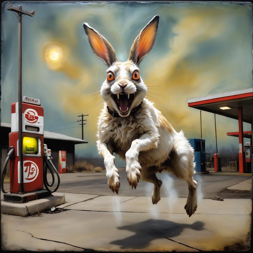 Encaustic Rabbit with Glowing Eyes at Gas Station