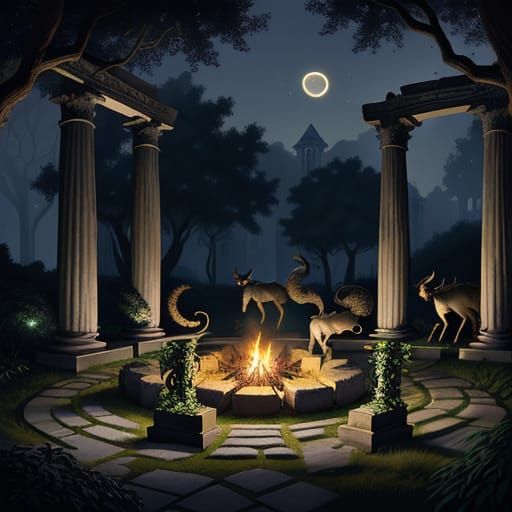 Nocturnal Garden with Mythical Creatures