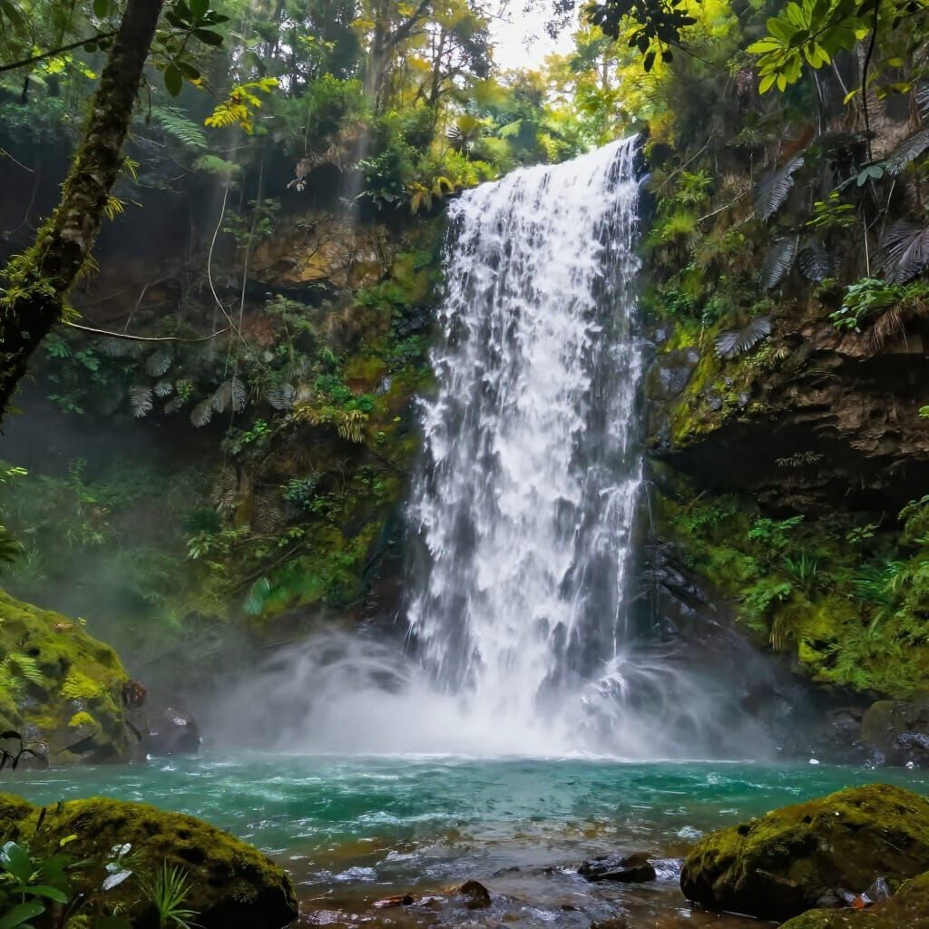 Majestic Waterfall in Vibrant Rainforest Digital Painting