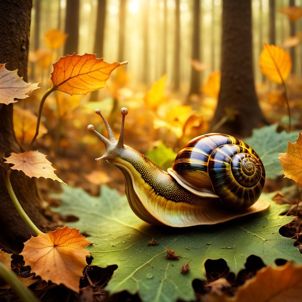 Gourd Escargot in Dreamlike Forest, Surreal Oil Painting