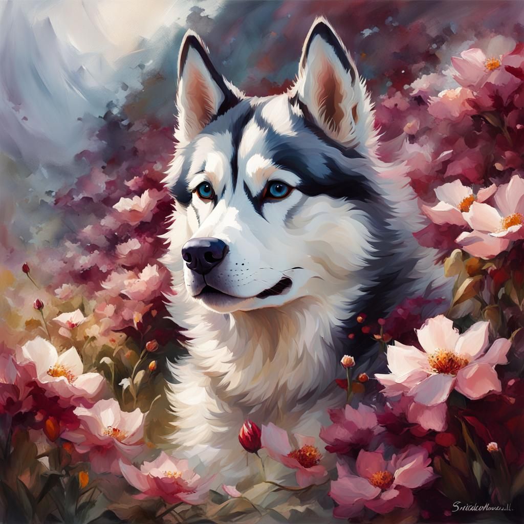 Happy Siberian Husky with Flowers as Oil Painting