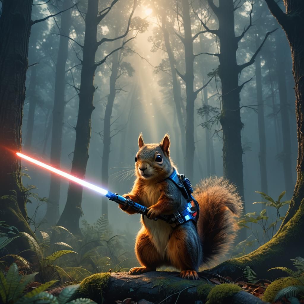 Squirrel with Lightsaber in Misty Forest