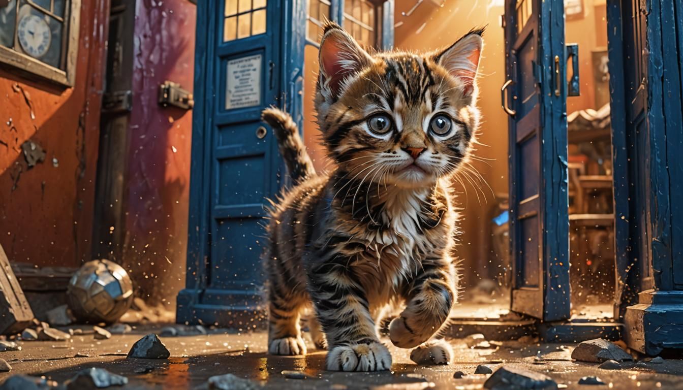 Kitten Emerges from TARDIS: Hyperrealistic Splash Art