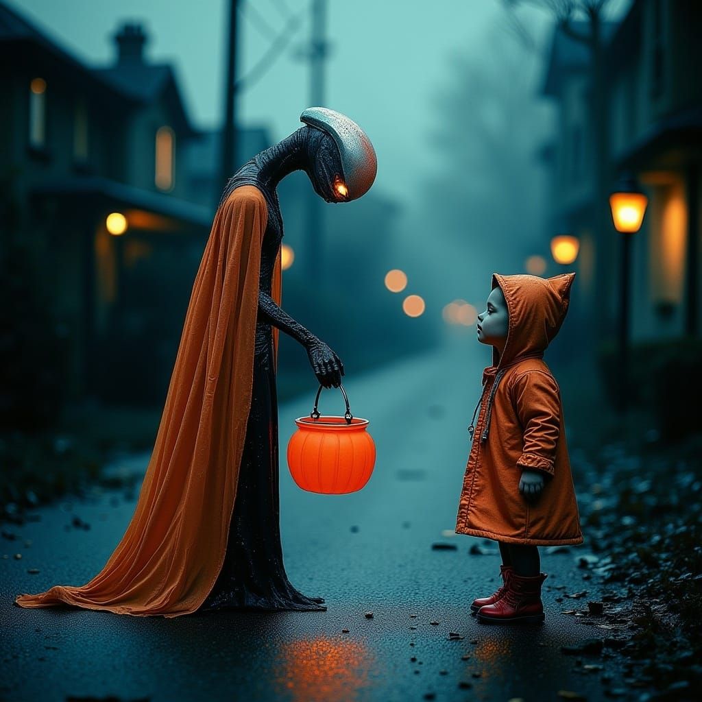 Glowing Alien Observes Trick-or-Treater: Biomechanical Hallo...