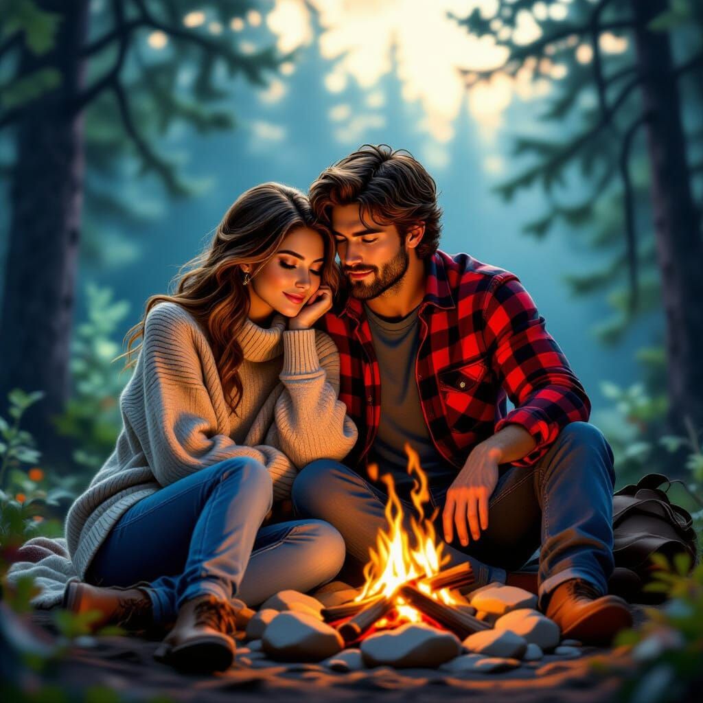 Couple by Campfire in Forest Clearing