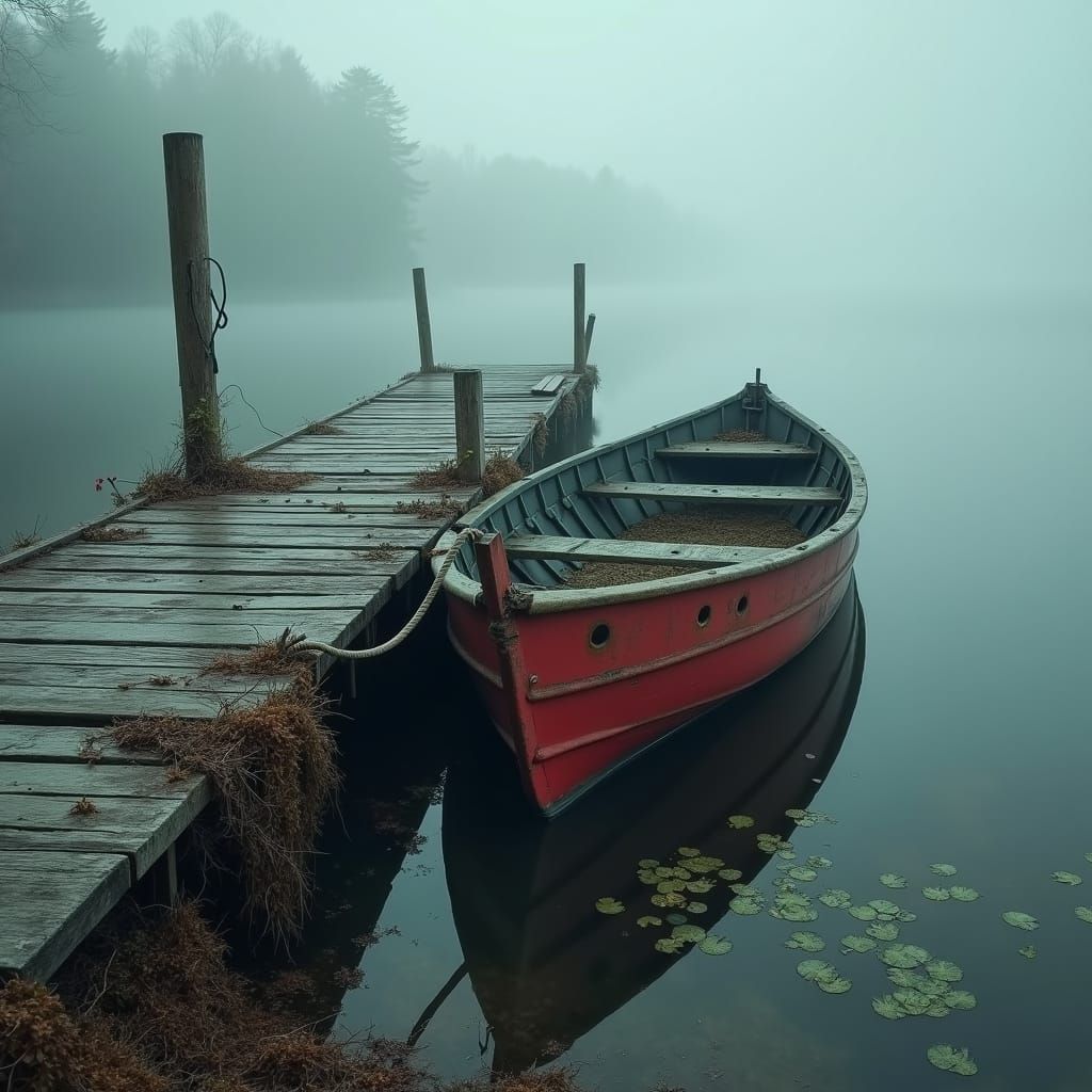 Eerie Mist Shrouds Decaying Pier and Rowboat