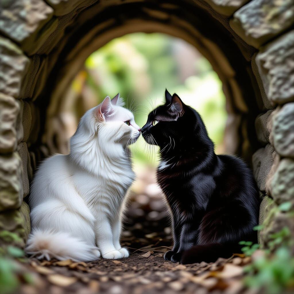 Black and White Cats Nose Booping in Stone Tunnel