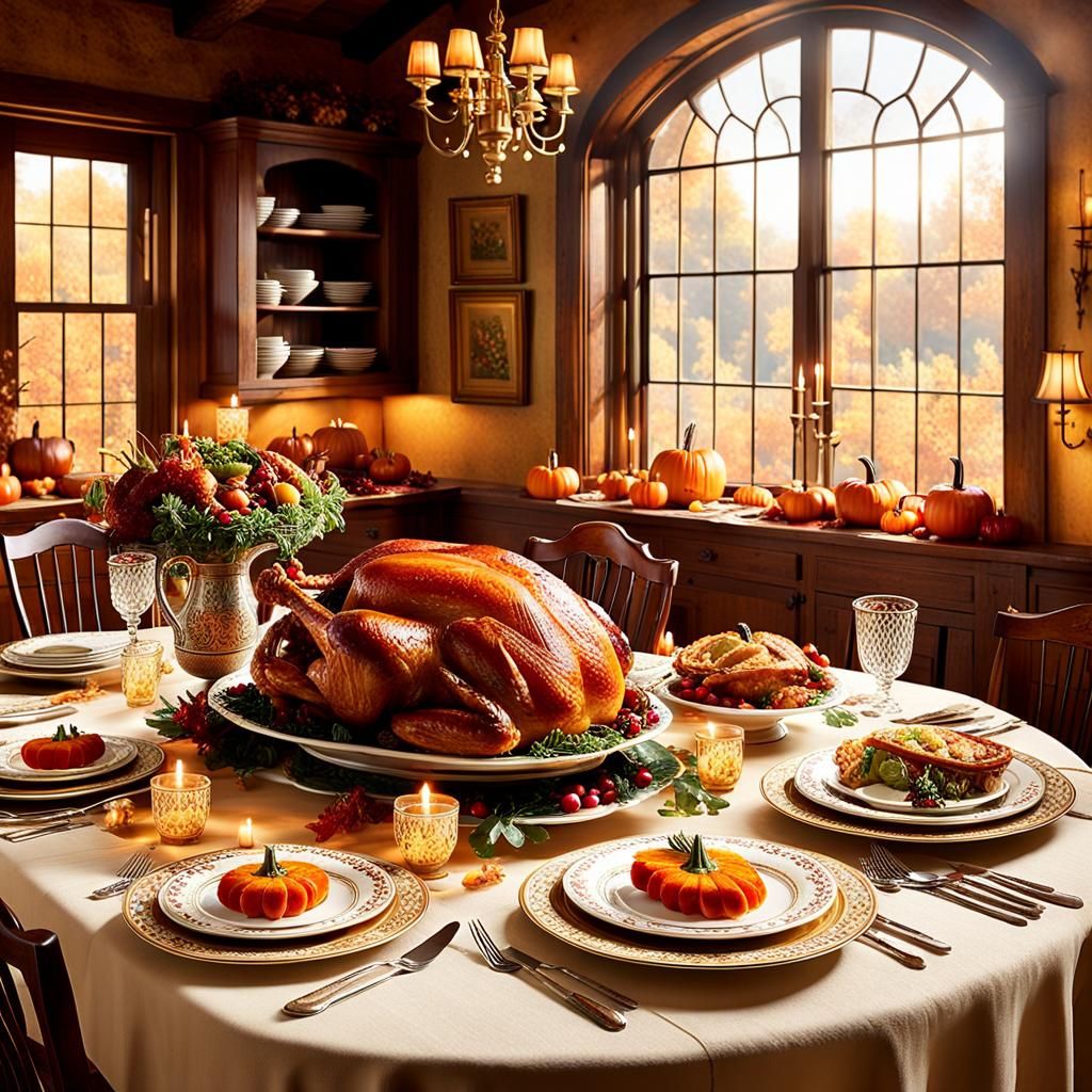 Thanksgiving Feast in Golden Light: Hyperrealistic Scene