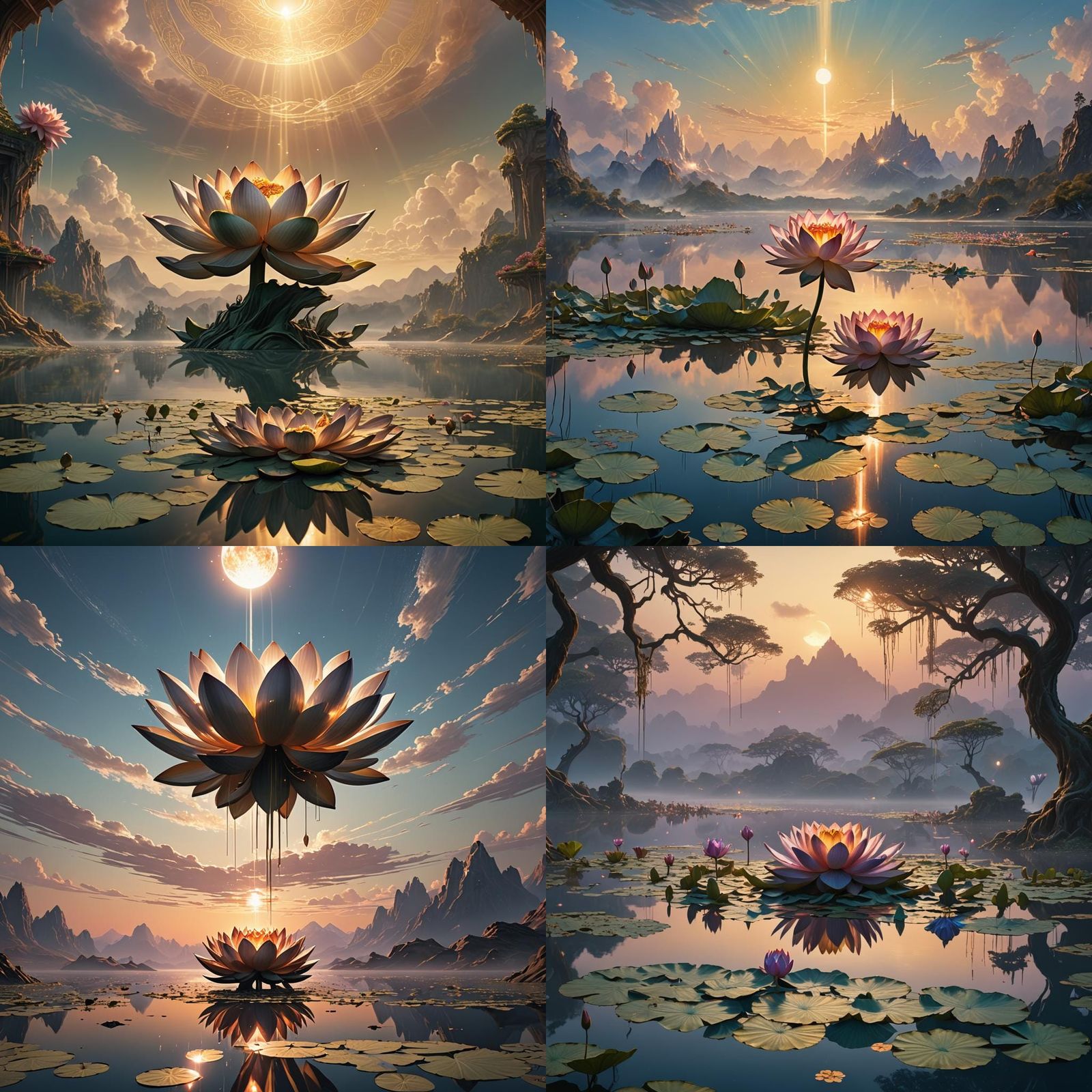 Metallic Lotus Above Lake at Dawn