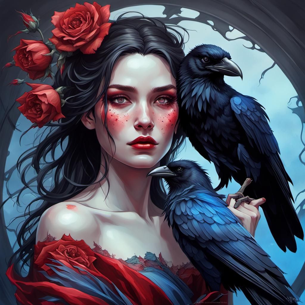 Woman with Crow and Roses in Fantasy Art Style